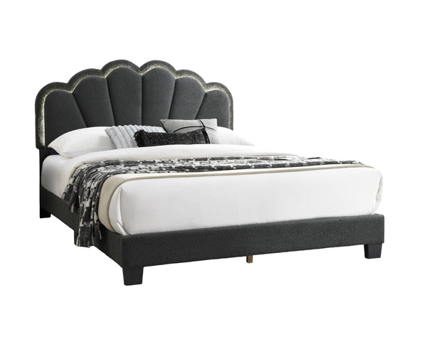 English Elm 1pc Queen Size Bed Wool Upholstered Platform with Channel Tufted Headboard and Built‑In LED Lighting Charcoal 66 L x 30 W x 10 H B011P238975