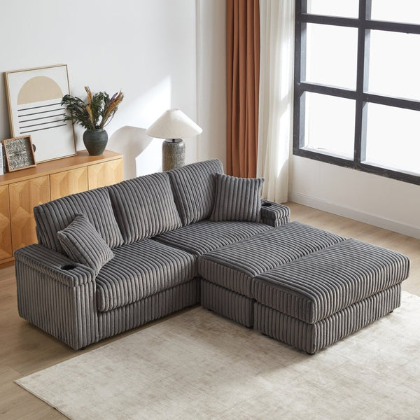 English Elm 84inch Corduroy Deep Seat Three Person Sofa with Storage Ottomans for Living Room Grey W834S00567