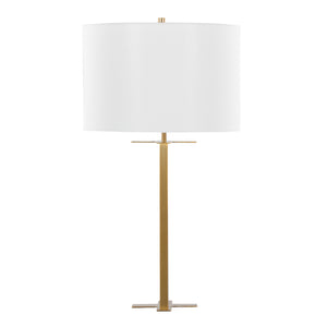 English Elm Cosmo Art Deco 28" Metal Table Lamp with Sleek Antique Brass Base and White Linen Drum Shade, Elegant Lighting Gold B202P224190