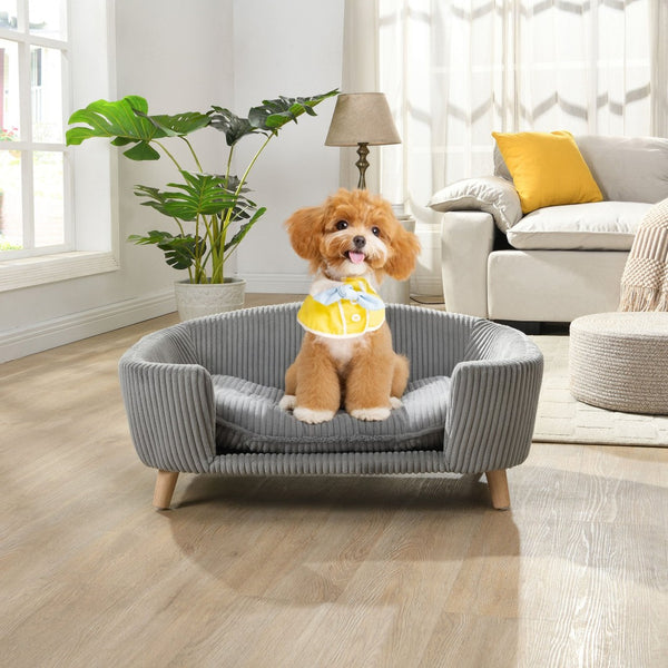 English Elm Elevated Pet Sofa with Corduroy Upholstery Rubberwood Legs and Supportive Foam for Small Dogs Grey N779P395017G