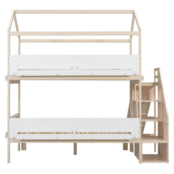 English Elm House-shaped Pine Bunk Bed with Built-in Slide Storage Staircase Twin Over Full Kids Frame Beige+White N820S00082A