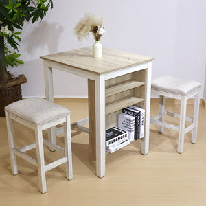 English Elm 3 Piece Counter Height Dining Set with Shelving Cushioned Stools Modern Farmhouse Kitchen Ameican White Oak,Ancient White W2537P369837