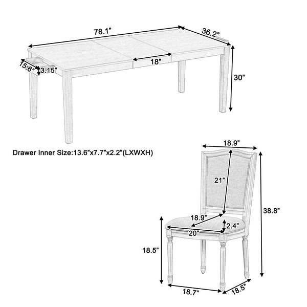 English Elm TOPMAX Rustic 7-Piece Solid Wood Extendable Dining Set with 18" Removable Leaf, 6 Upholstered Chairs, 2 Drawers Natural SP000078AAN