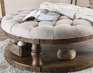 English Elm Rustic Round Wooden Coffee Table 48" Dia x 20" H with Weathered Finish, Turned Legs, Open Shelf and Button-Tufted Beige Linen Top Antique Dark Oak 51 L x 51 W x 13 H B2741P357496