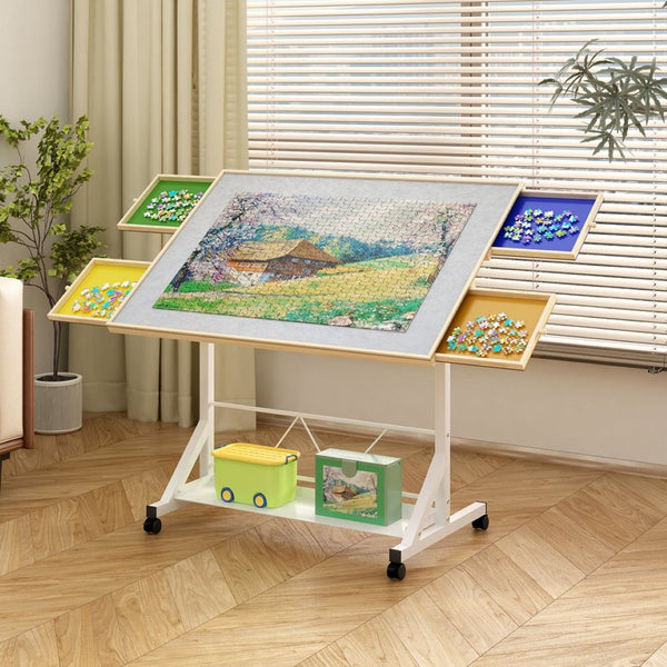 English Elm (white) Wooden Puzzle Table with Drawers Tilting Top Wheels and Protective Cover W2641P442535