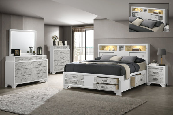 English Elm Soul Modern 5Pc King Bedroom Set In White With Marble Accents, Usb Ports & Bluetooth Speakers B009S01611-GIGA