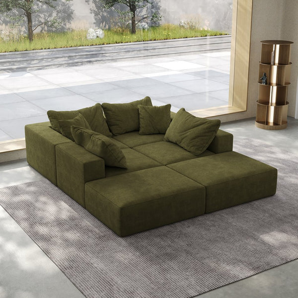 English Elm Oversized sponge cloud sofa modular 162" L-shaped sectional with chenille upholstery and 6 pillows, no-assembly comfort Green W834S00392