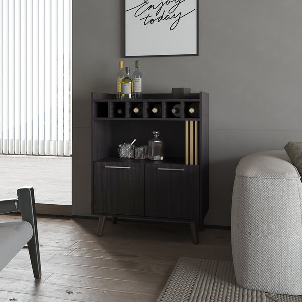 English Elm Yucca Mid-Century Bar Cabinet Wengue – Wine Storage for 5 Bottles, Display Shelves & Hidden Cupboard B128P263714