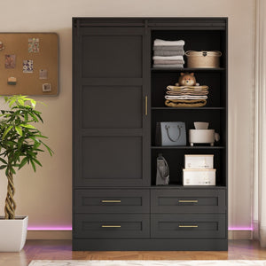 English Elm Tall Farmhouse Wardrobe Armoire with Sliding Barn Doors Drawers and Hanging Rod W1321S00045