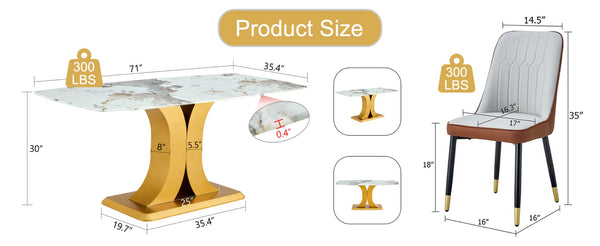 English Elm Table Luxurious Pandora-Patterned Glass Dining Set With Golden Legs & 8 Ergonomic Pu Leather Chairs W1151S03249-GIGA