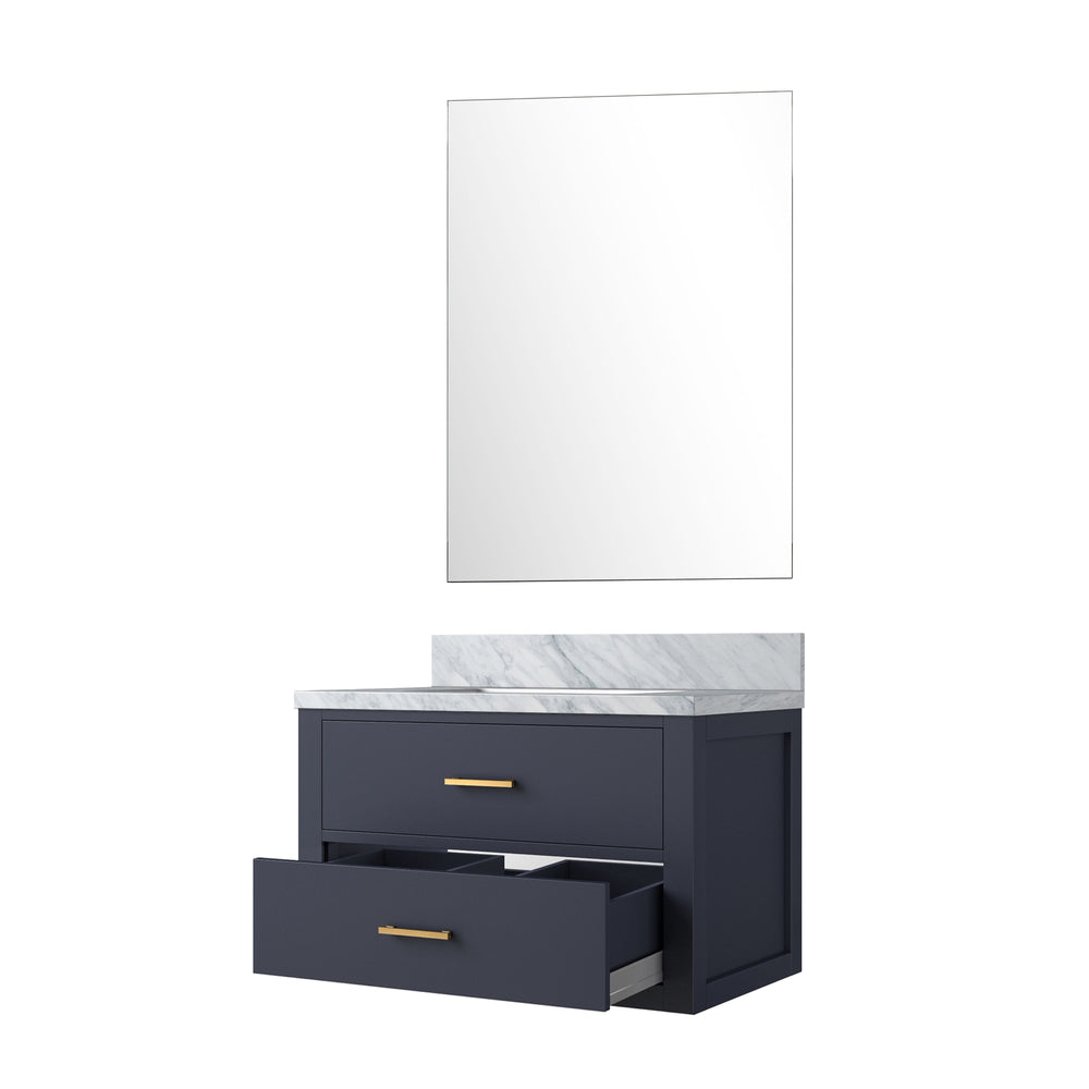 English Elm Blue Single-Sink Bathroom Vanity Set With Carrara Marble Top & Frameless Mirror For Elegant Style B2731S01425