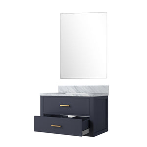 English Elm Blue Single-Sink Bathroom Vanity Set With Carrara Marble Top & Frameless Mirror For Elegant Style B2731S01425