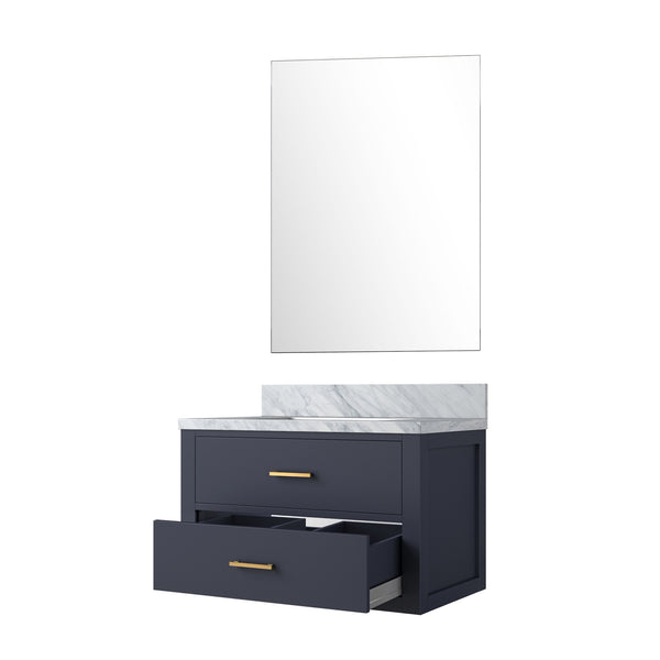 English Elm Blue Single-Sink Bathroom Vanity Set With Carrara Marble Top & Frameless Mirror For Elegant Style B2731S01425