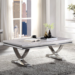English Elm Modern Glam Coffee Table with 18mm Faux Marble Top, Beveled Edges and Curved Pedestal Metal Base Chrome 31 L x 55 W x 4 H B2741S00430