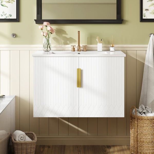 English Elm 30" Vintage Bathroom Vanity with Ceramic Sink — Wall-Mount MDF & Solid Wood Cabinet, Storage, Sleek Finish White N710P214100K