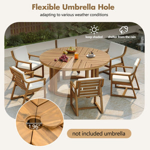 English Elm Trexm Round Acacia Outdoor Dining Table Seats Six with Umbrella Hole Slatted Top Light Teak N715P404283D