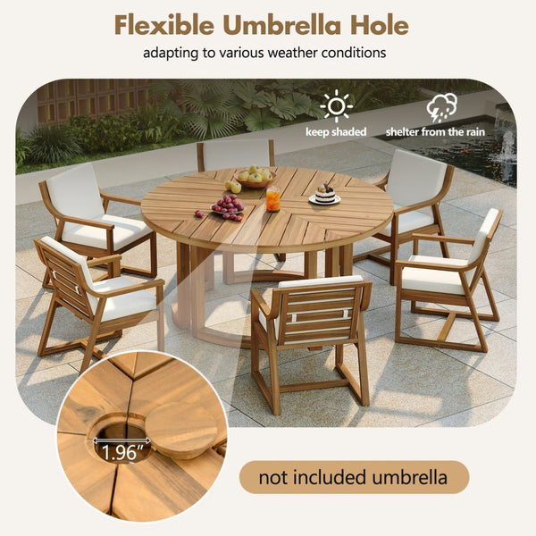 English Elm Trexm Round Acacia Outdoor Dining Table Seats Six with Umbrella Hole Slatted Top Light Teak N715P404283D