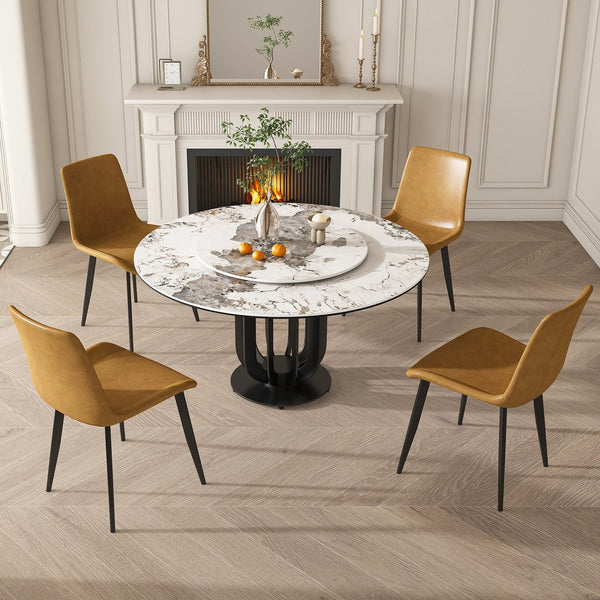 English Elm 53" Round Sintered Stone Dining Table With Lazy Susan, Black Steel Base - Stylish & Durable Design W2699S00040