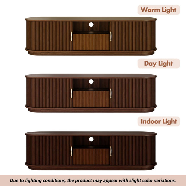 English Elm Vintage Farmhouse Media Console with Slatted Sliding Doors and Brass Hardware for Living Room Walnut N721P427206P