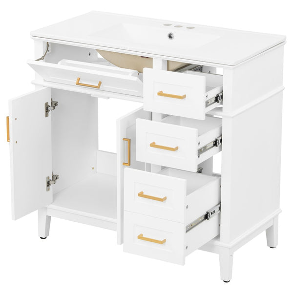 English Elm 36" Navy Bathroom Vanity Solid Wood Frame Ceramic Sink Gold Hardware Soft Close White N729P380151K