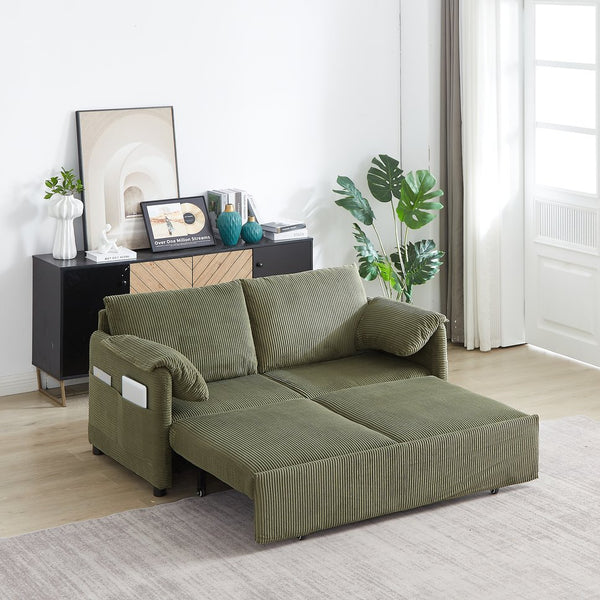 English Elm MH'' MH' 64.5 Inch Sleeper Sofa Bed with Corduroy Upholstery, Sturdy Wood & Iron Frame, 3-in-1 Convertible Comfort Green W1193S00127