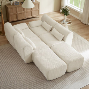 English Elm Sectional U-shaped Corduroy Sofa with Ottoman Convertible Layout for Any Living Room Cream W2339S00155