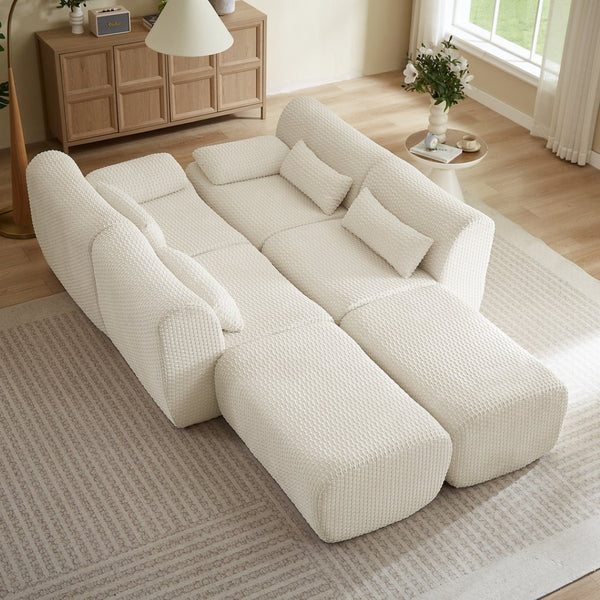 English Elm Sectional U-shaped Corduroy Sofa with Ottoman Convertible Layout for Any Living Room Cream W2339S00155