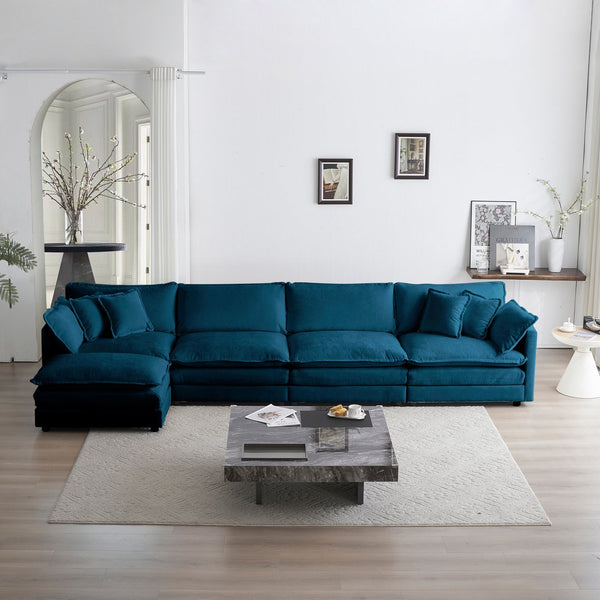 English Elm Modular Sectional Sofa with Ottoman | Convertible U-Shaped 5-Seater Chenille Upholstery, Cozy Comfort Blue W714S00606
