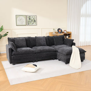 English Elm Beige Chenille Sectional Sofa with Modular Ottoman for Living Room or Studio Black W2603S00006