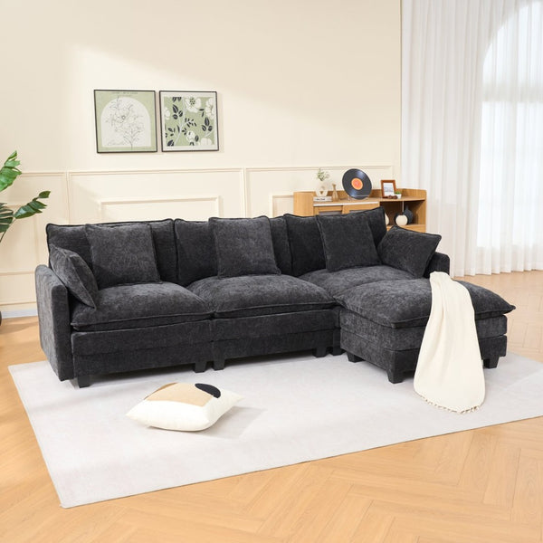English Elm Beige Chenille Sectional Sofa with Modular Ottoman for Living Room or Studio Black W2603S00006
