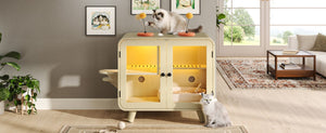 English Elm Cat Litter Box Enclosure Mdf Cabinet with Rgb Lighting Glass Doors and Play Loft Beige N704P419240A