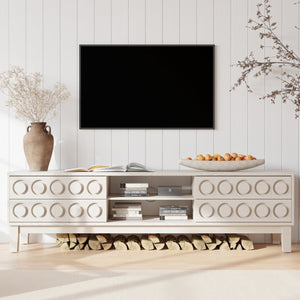 English Elm Modern Mid-Century Media Console with 4 Drawers and Concealed Cable Management, Stylish TV Stand Up to 75" White W757P305595