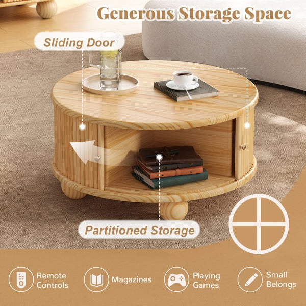 English Elm Round Fluted Pine Wood Coffee Table with Hidden Sliding Door Storage for Living Room Natural N735P369879N