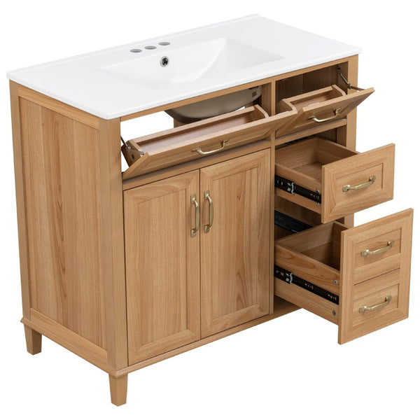 English Elm [video] 36 Inch Freestanding Bathroom Vanity with Ceramic Sink and Soft Close Storage N759P395344N