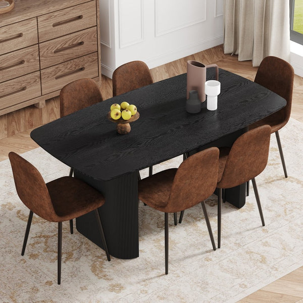 English Elm Table Set: Modern 67" Black Wood Grain Dining Table With 6 Comfortable Techno-Fabric Chairs, Durable Design W1151S04152-GIGA
