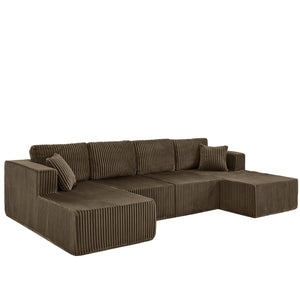 English Elm U-shaped Modular Corduroy Sectional Sofa Sleeper Spacious Living Room Lounge Couch Brown W487S00424