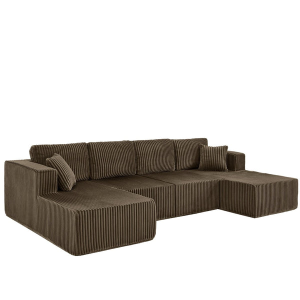 English Elm U-shaped Modular Corduroy Sectional Sofa Sleeper Spacious Living Room Lounge Couch Brown W487S00424