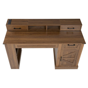 English Elm 55" Farmhouse Writing Desk with Cabinet Charging Station Pegboard and Monitor Stand Dark Walnut W2917S00009