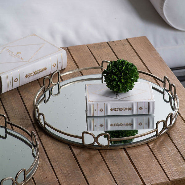 English Elm D16.1x2" Valentina Silver Round Mirror Tray — Distressed Openwork Frame, Speckled Glass, Luxe Decor_x0015_ W2078P391070