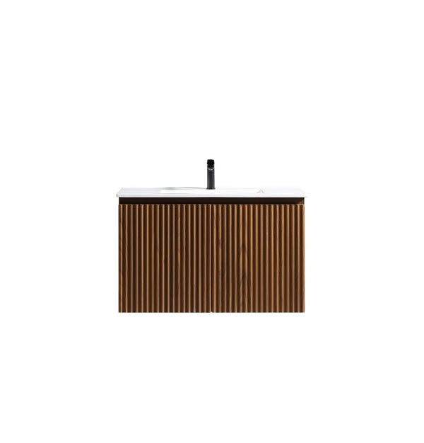English Elm 30 Inch Floating Bathroom Vanity Fluted Wood Grain Front with Ceramic Integrated Sink Walnut W3520S00028