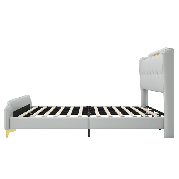 English Elm Christopher Knight Home® - King PU Leather Bed Frame with Wingback Headboard & Footboard, Gold Accents, Platform Slat Support, Elegant Design Grey 77.5 L x 21 W x 5.25 H N761S0000012E