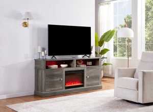 English Elm Iris 70 Inch Walnut Media Console with Electric Fireplace and Led Display Shelves B2749P413268