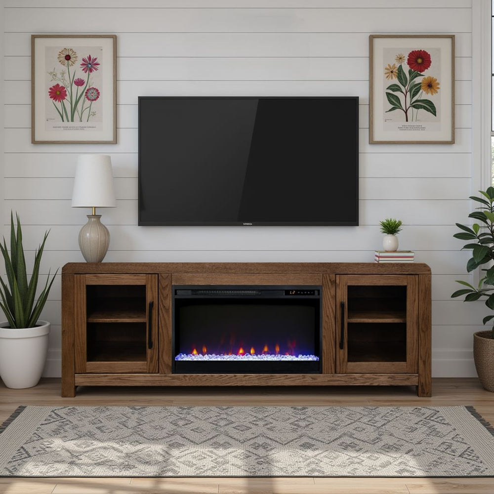 English Elm Haven 65 inch Entertainment Center with Electric Fireplace, Oak Veneer TV Stand, Glass Doors, Cable Management Brown B108P364419