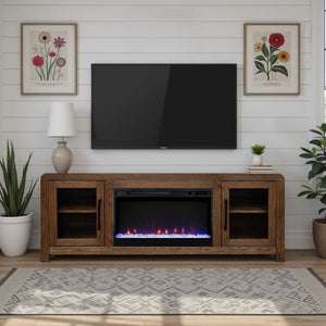 English Elm Haven 65 inch Entertainment Center with Electric Fireplace, Oak Veneer TV Stand, Glass Doors, Cable Management Brown B108P364419