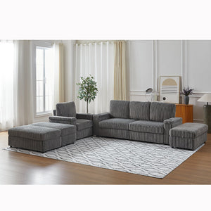 English Elm Corduroy minimalist coffee table conversion sofa set with cup grooves, recliner comfort and L-shaped layout for hosting Grey W834S00548