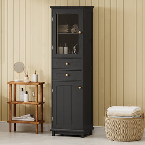 English Elm 63" Tall Bathroom Vanity Cabinet with Glass Doors, Two Drawers and Adjustable Shelves for Stylish Storage Black N729P171305B