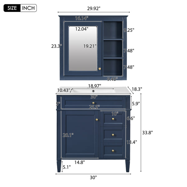 English Elm 30'' Bathroom Vanity Set With Mirror & Storage – Modern Freestanding Design, Ceramic Sink & Drawers SW000127AAC-1