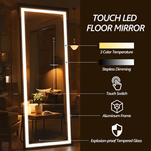 English Elm 65x22 Full Length Mirror with 180 LED Lights, Dimmable 3-Temp Touch Control, Shatterproof Black Frame T3757P347065