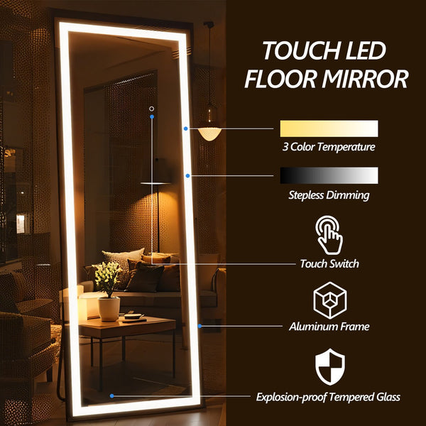 English Elm 65x22 Full Length Mirror with 180 LED Lights, Dimmable 3-Temp Touch Control, Shatterproof Black Frame T3757P347065