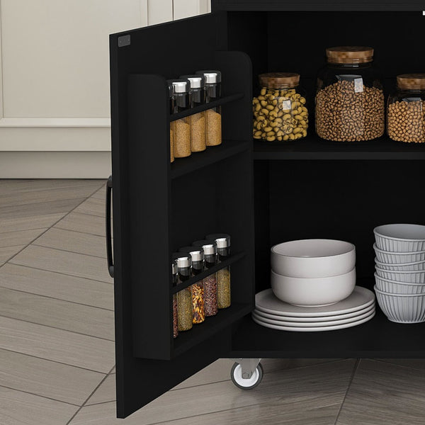 English Elm 74.8" Rolling Kitchen Island Extendable Marble Veneer Top with Power Outlet and Storage W2700S00106